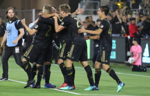LAFC players celebrate after win